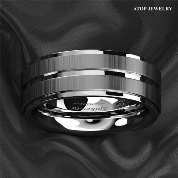 Men's Wedding Band Rings - Vertical Brushed Meteorite Design - Wedding Rings - Picture 5 of 7